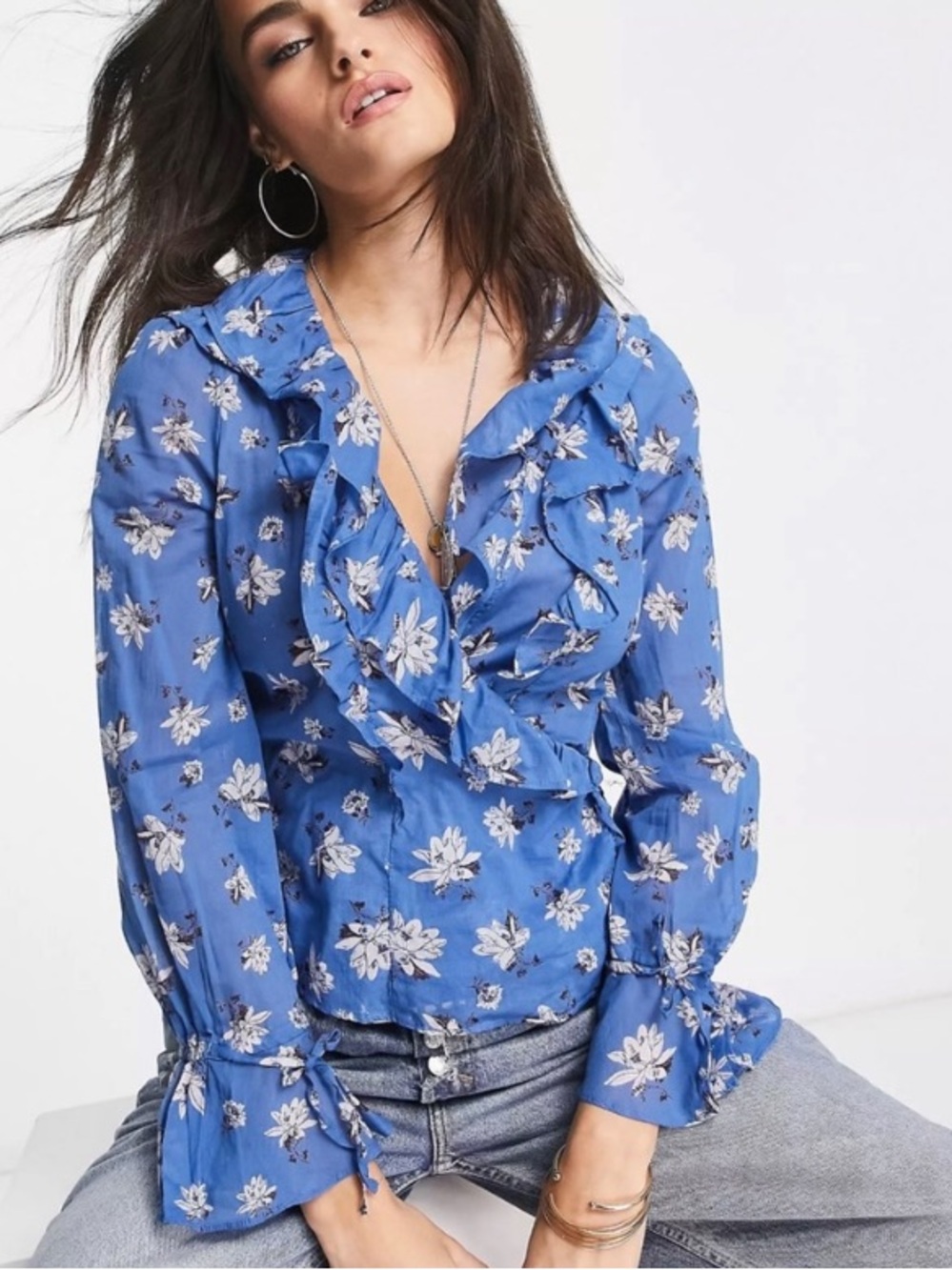 Free People Blue Floral Ruffle Blouse